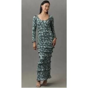 V. Chapman Lanie Emerald Peony Print Fitted Ruched Ruffled Maxi Dress Sz 0 NWT